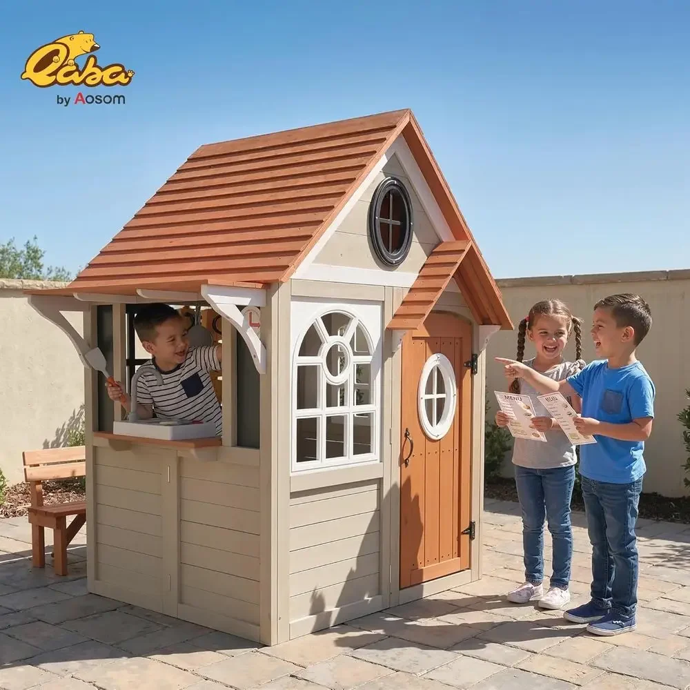 Qaba Outdoor Playhouse, Wooden - Qaba Kids Outdoor Playhouse 评论和价格