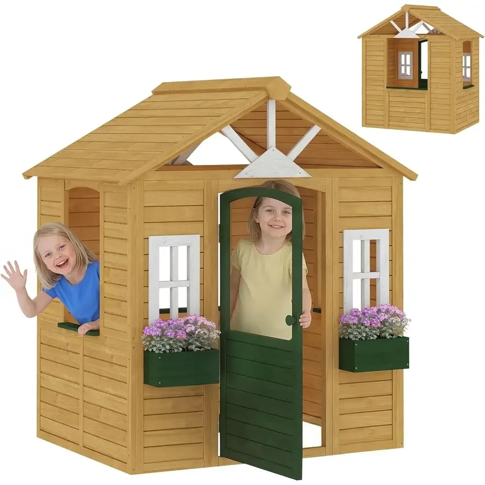 Qaba Outdoor Playhouse, Wooden - Qaba Kids Outdoor Playhouse 评论和价格