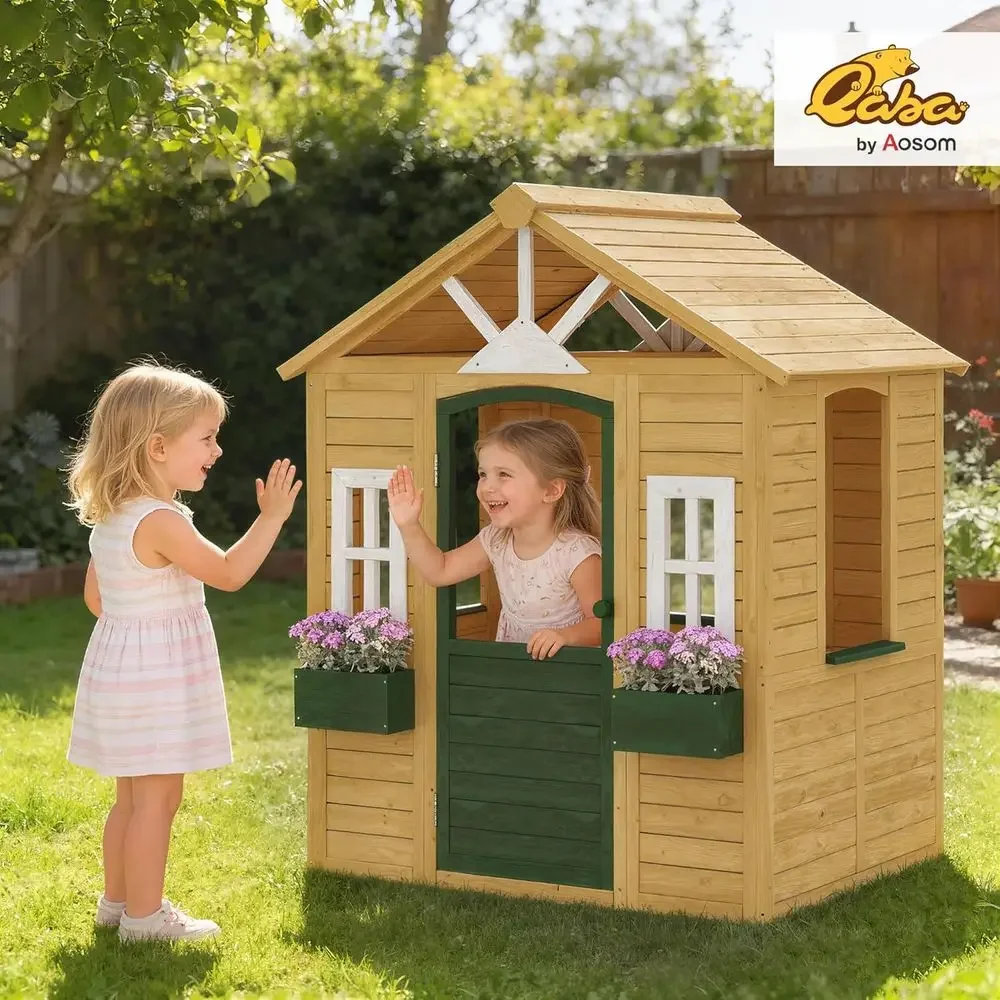 Qaba Outdoor Playhouse, Wooden - Qaba Kids Outdoor Playhouse 评论和价格